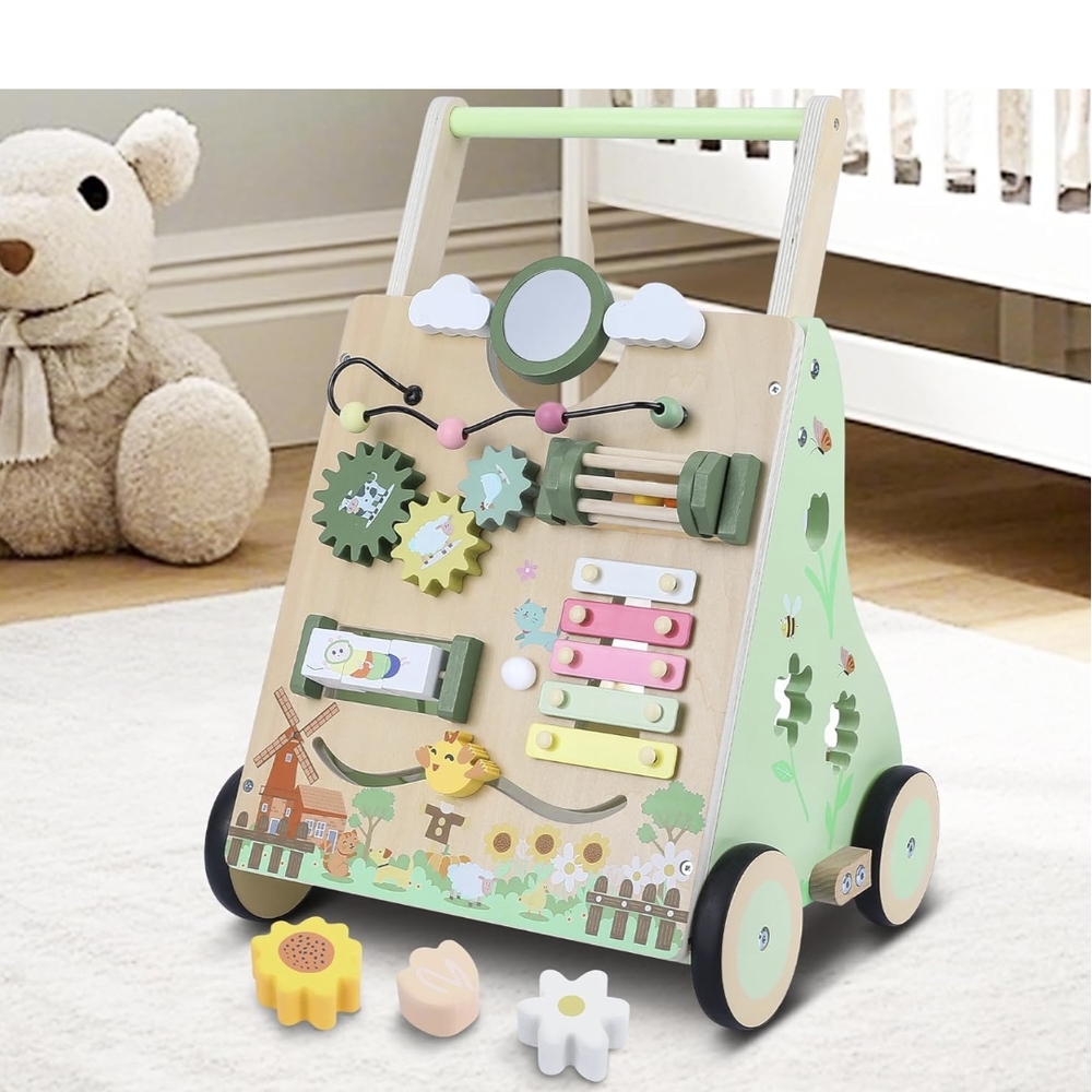 Wooden Activity Walker for Kids - Green and Multicolor